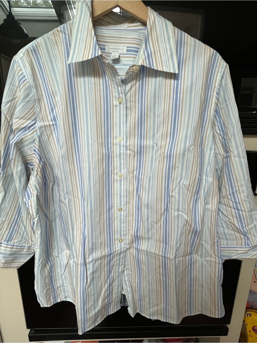 Charter Club Women’s Blue & White Striped Button-Down Shirt.